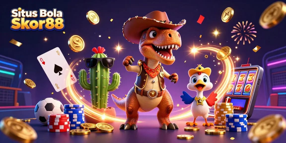 Situs Bola Skor88 showcases thrilling sports betting with engaging characters in a vibrant 3D scene.