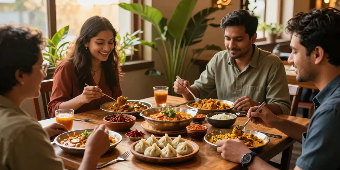 Delicious curry and momo spread at rokok88, inviting atmosphere.