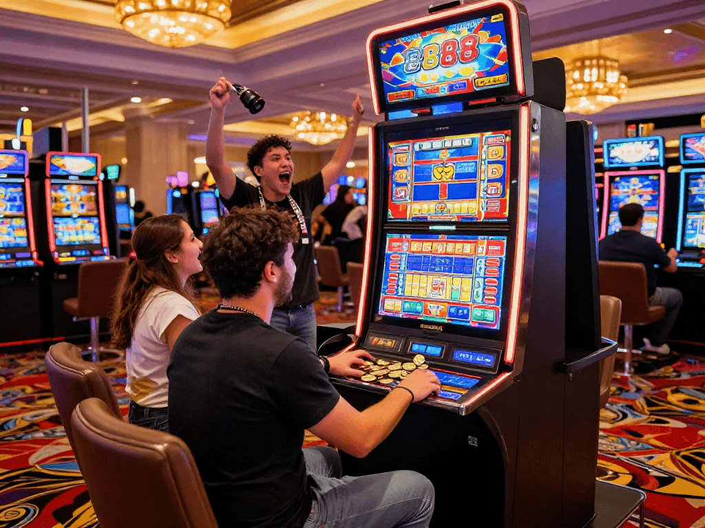 Exciting player at a slot88 machine in a lively casino atmosphere, showcasing vibrant lights and community spirit.