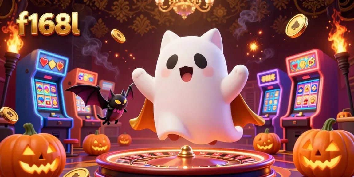Celebrate gaming excitement at f168l with a ghost cat and vampire bat in a colorful haunted casino scene.