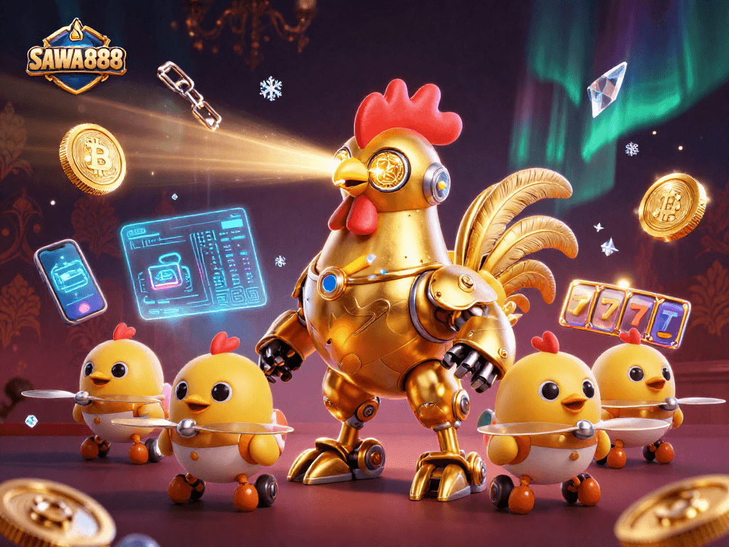 Engage with SAWA888's exciting slots featuring a futuristic rooster robot and baby chick drones.