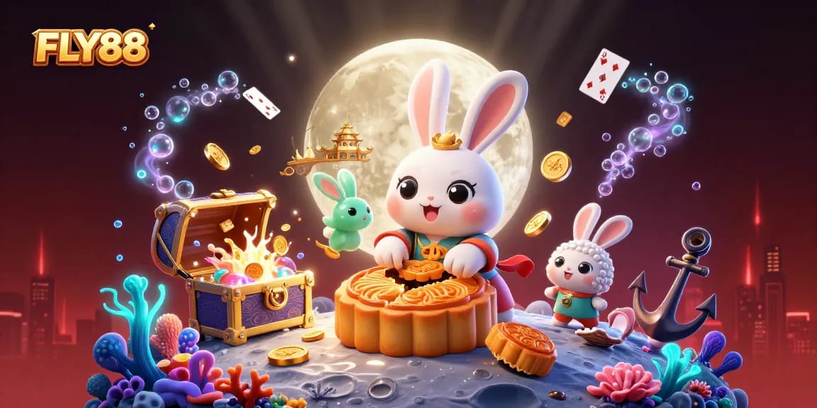 Experience FLY88 with a vibrant cartoon scene showcasing gaming excitement and traditional aesthetics.