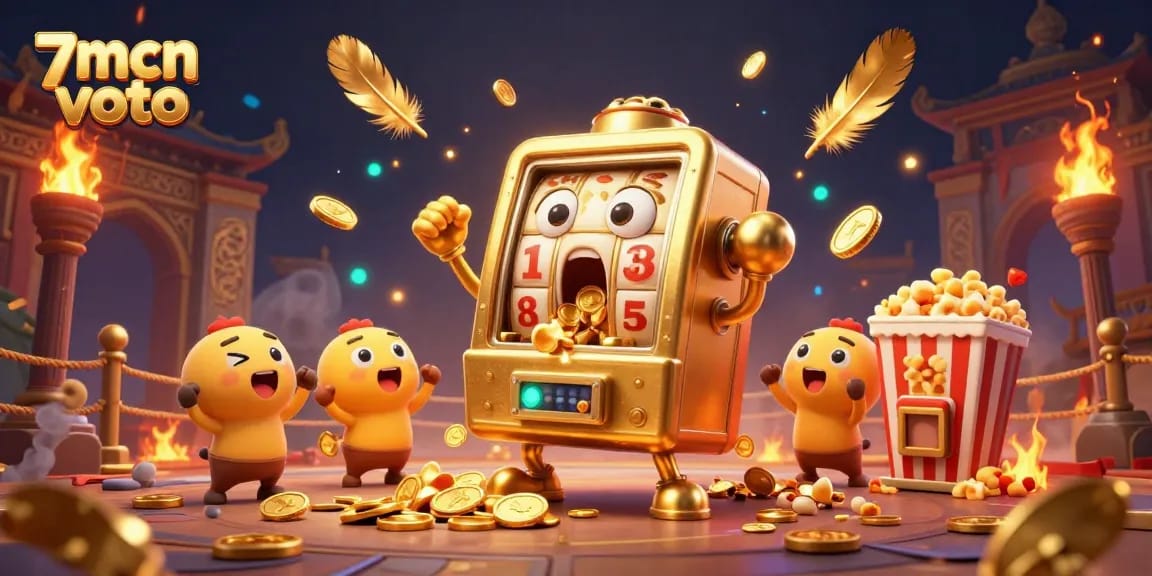 Experience 7mcn voto with golden slot machines celebrating a jackpot amidst a vibrant casino atmosphere.