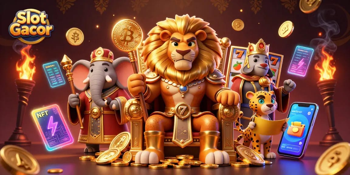 Engage in Slot Gacor action with vibrant characters surrounded by dazzling slot symbols and cryptocurrencies.