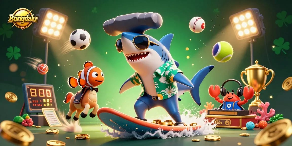Bongdalu showcases thrilling surfing action with a shark, clownfish, and crab DJ amidst dynamic sports elements.