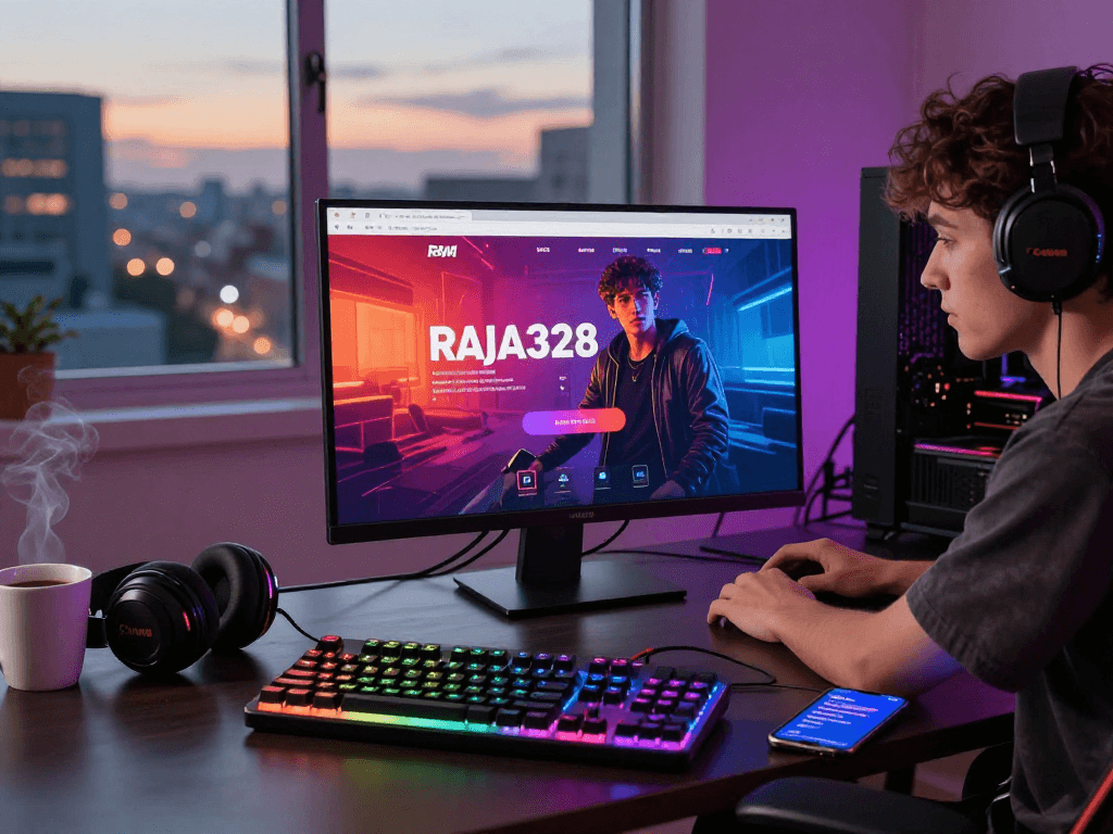 Engaging RAJA328 online gaming login interface on vibrant laptop with gaming accessories.