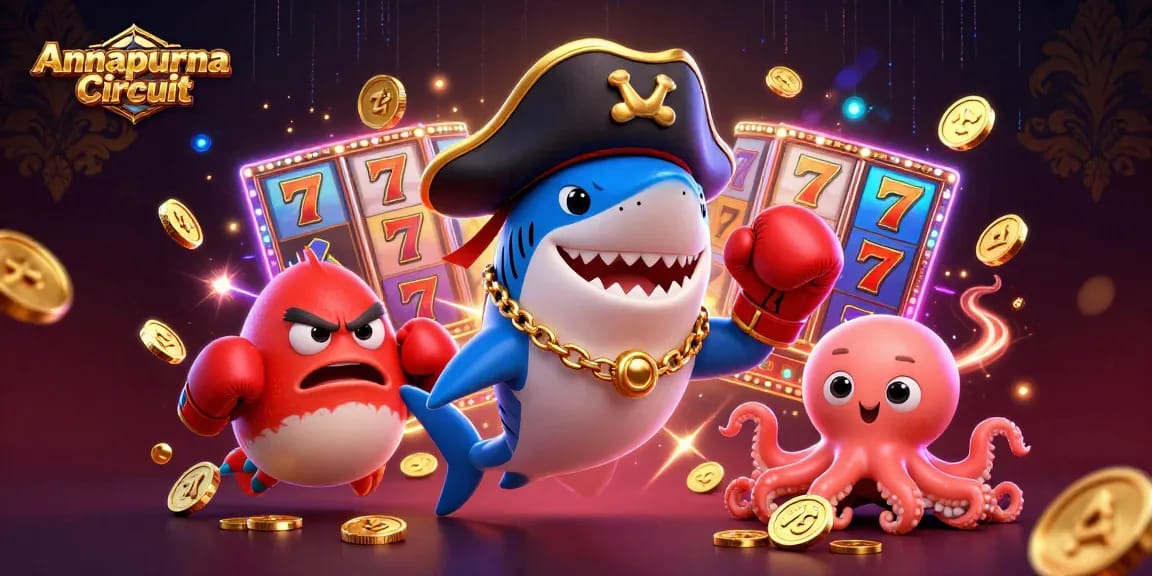 Annapurna Circuit showcasing a dynamic pirate shark, pufferfish, and octopus with casino elements.