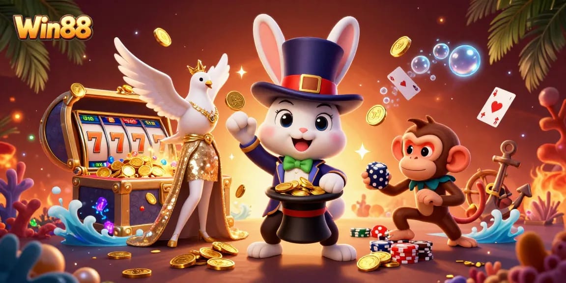 Win88 showcases a cartoon magician rabbit pulling coins, surrounded by lively casino elements.