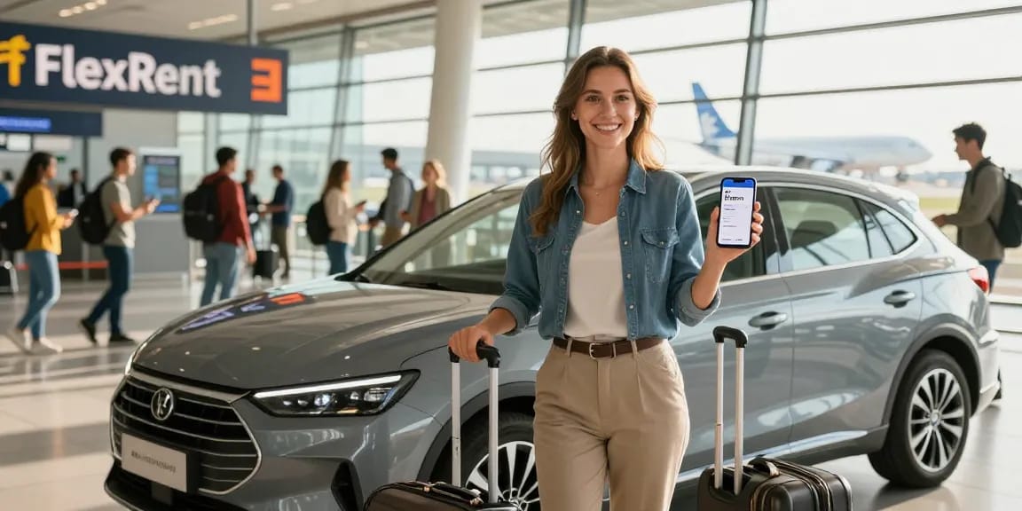 Rent a car chisinau airport service with professional traveler at arrival area, showcasing convenience and efficiency.