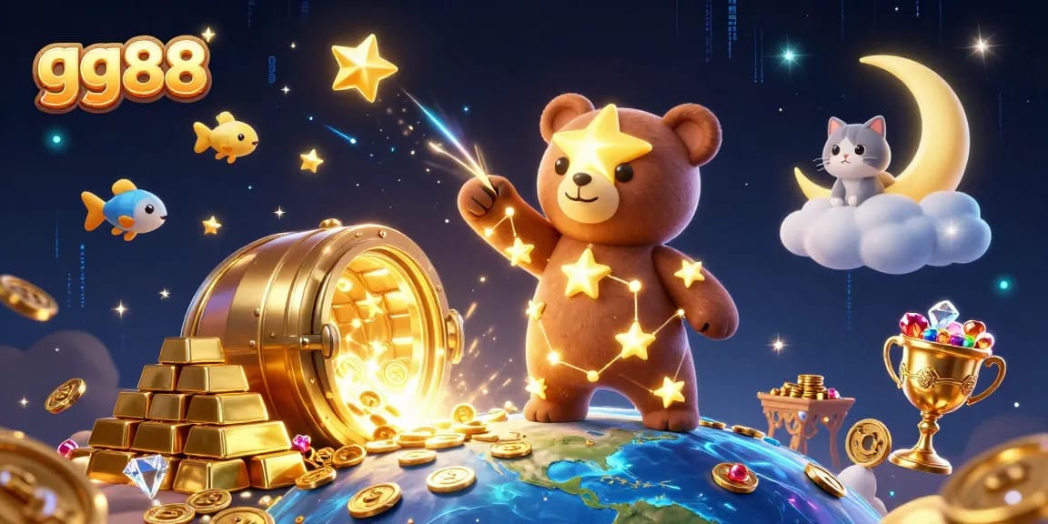 Celebrate wins at gg88 with a dynamic casino scene featuring golden treasures and cosmic characters.