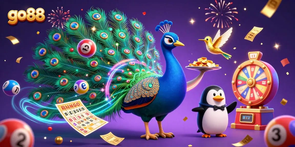 Engage with the dynamic go 88 scene featuring a peacock and penguin amidst vibrant casino elements.