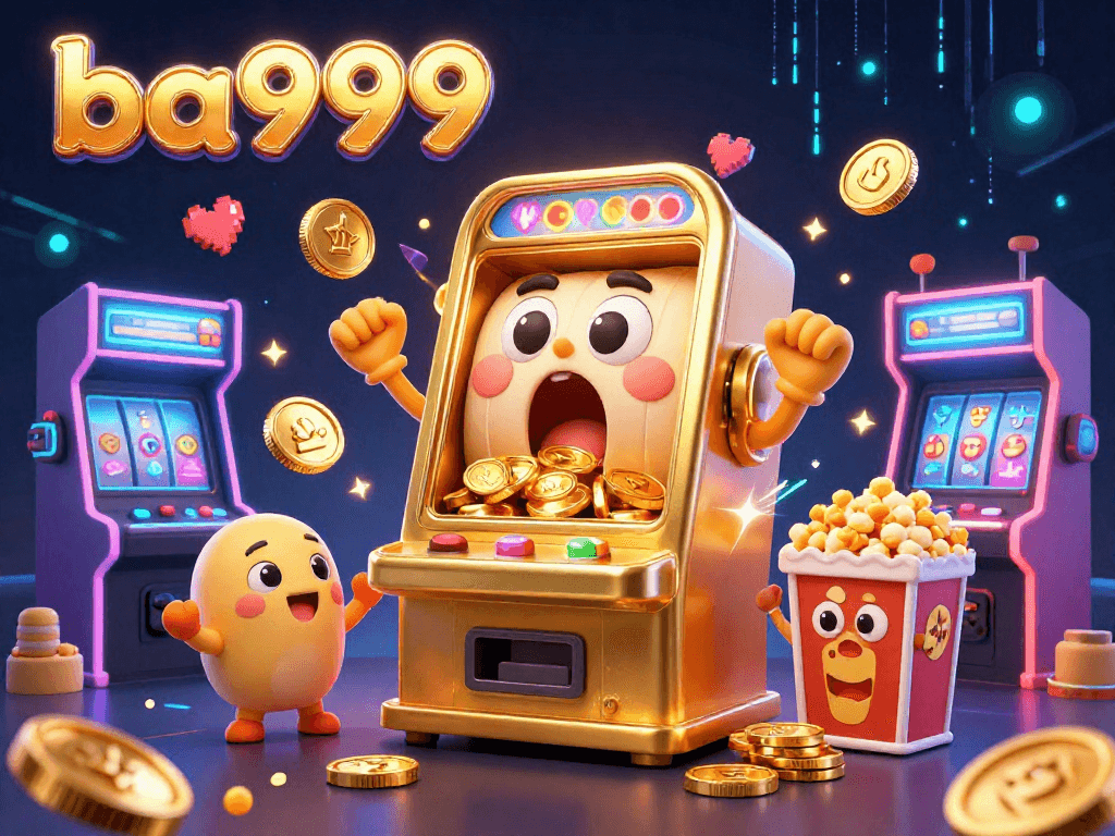 Experience excitement at ba999's casino with a golden slot machine hitting a jackpot surrounded by cheering machines.