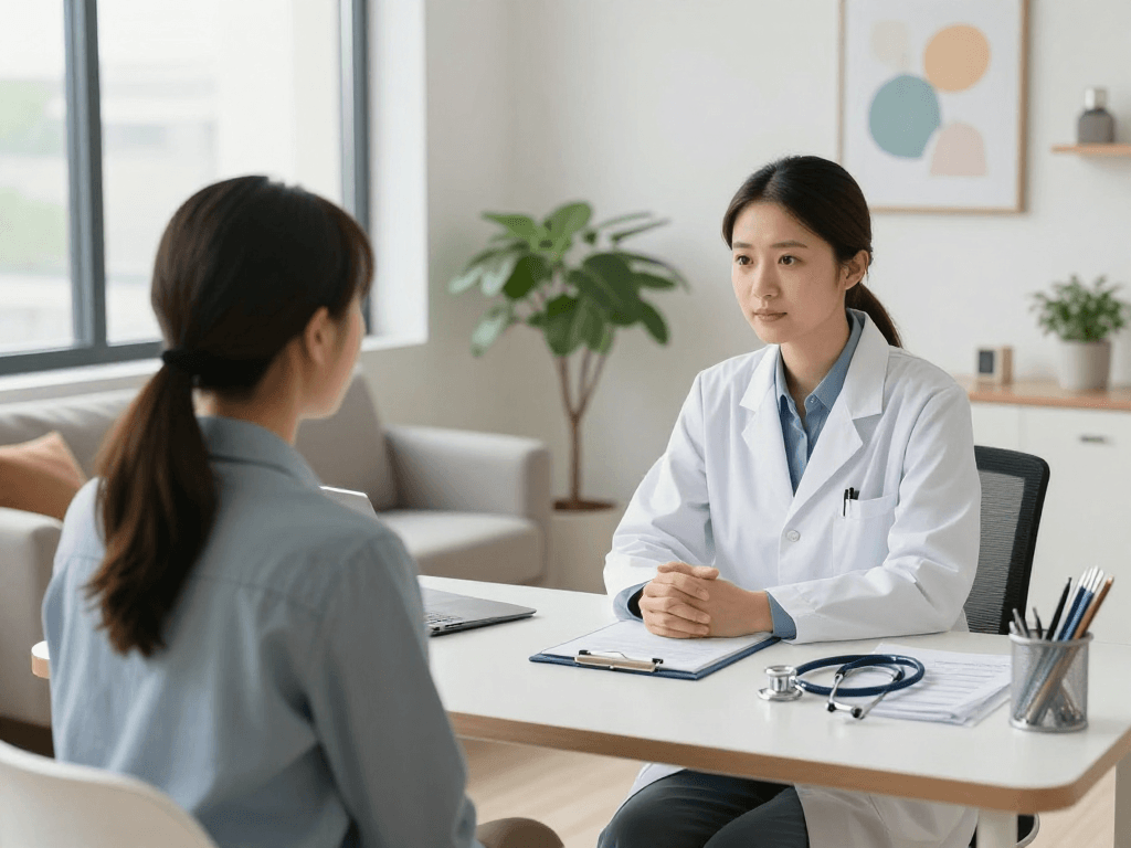 Psychiatric assessment at a mental health clinic, professional doctor consultation, compassionate patient care environment.