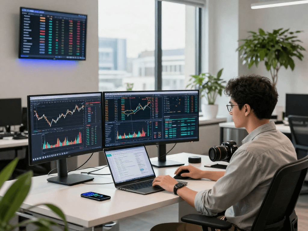 Developer analyzing global index real-time API data in a high-tech office environment with multiple monitors displaying financial metrics.
