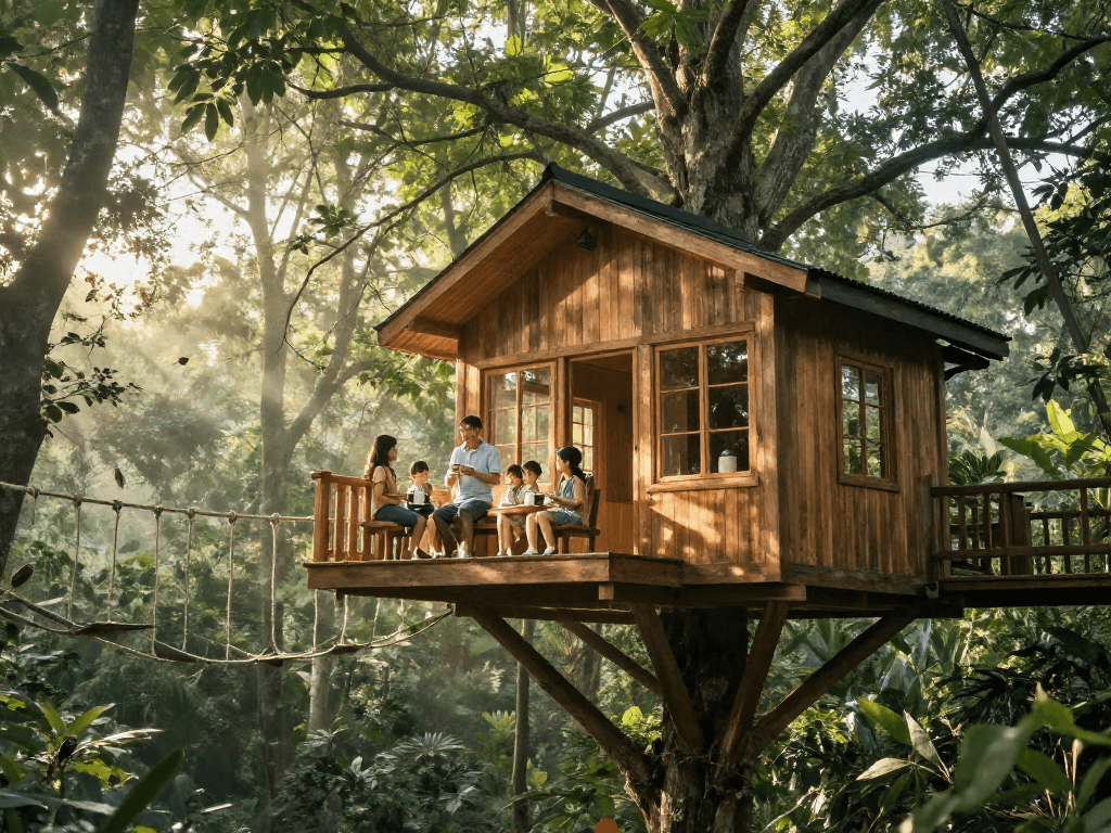 Enjoying tree house life in a luxury treehouse surrounded by nature, with family sipping coffee on the deck.