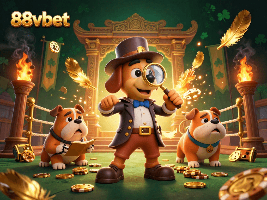 Engage with thrilling games at 88vbet, where a detective uncovers treasure in a vibrant casino setting.