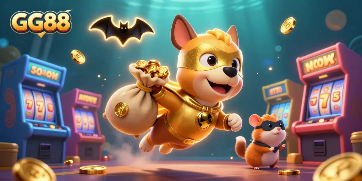 Engage with GG88's adrenaline-pumping casino experience, featuring a superhero dog and exciting gaming elements.