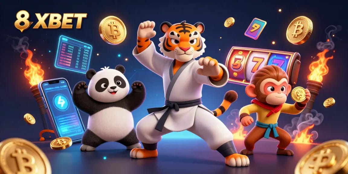 8XBET players engage in a vibrant casino scene with a kung fu tiger and panda, embodying winning excitement.