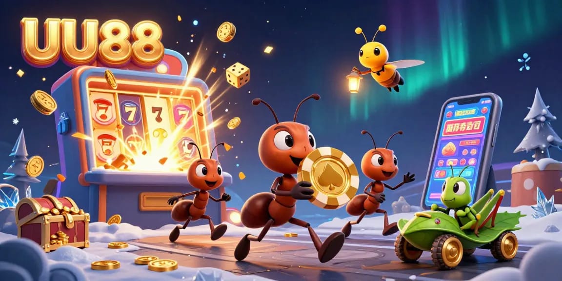 Experience excitement at UU88 as ants carry a giant poker chip through a vibrant casino scene filled with dynamic games.