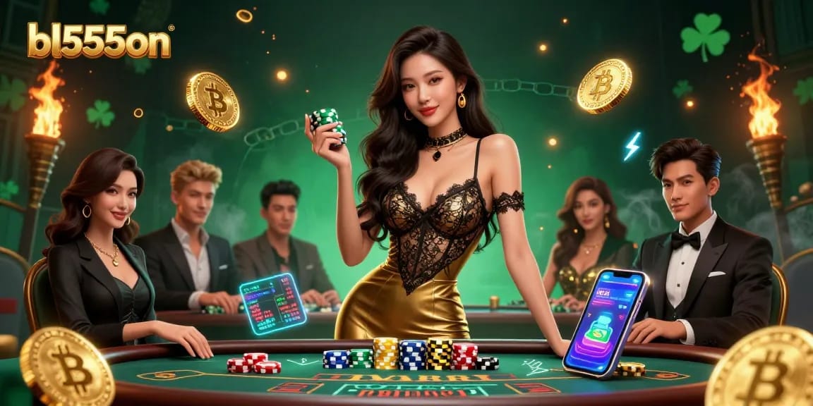 Engage with bl555on at a vibrant baccarat table, showcasing high-stakes gameplay with golden chips and cryptocurrencies.