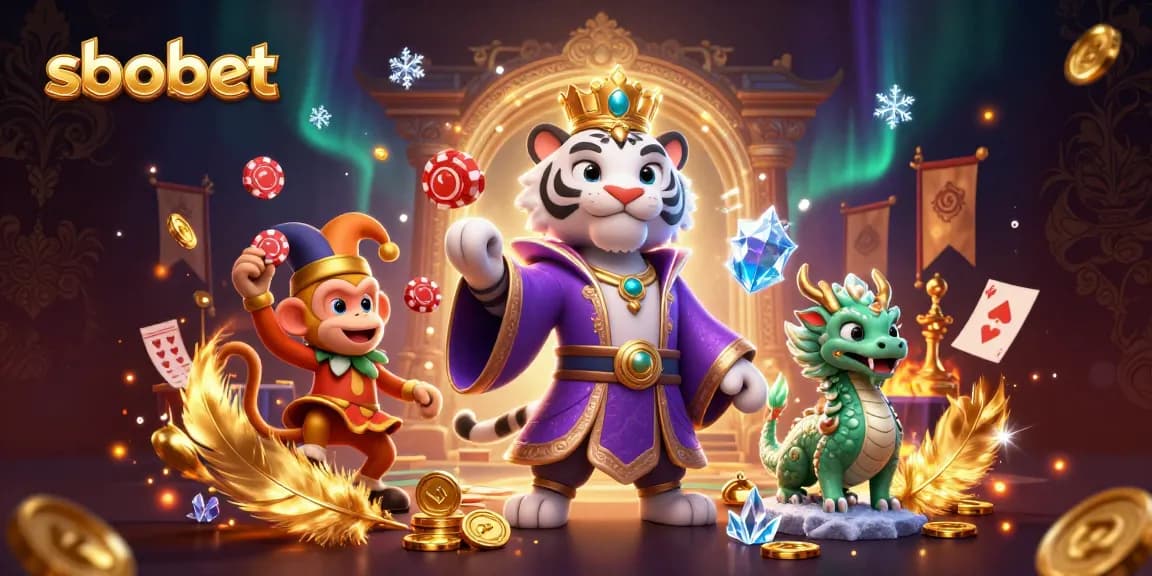 Bet on sbobet with a dynamic 3D scene showcasing a royal tiger, jester monkey, and a jade dragon amidst sports betting elements.