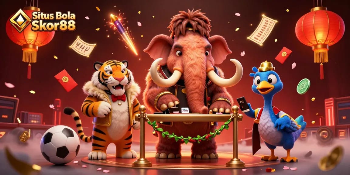 Situs Bola Skor88 showcases a vibrant 3D casino scene with engaging characters and dynamic sports betting elements.