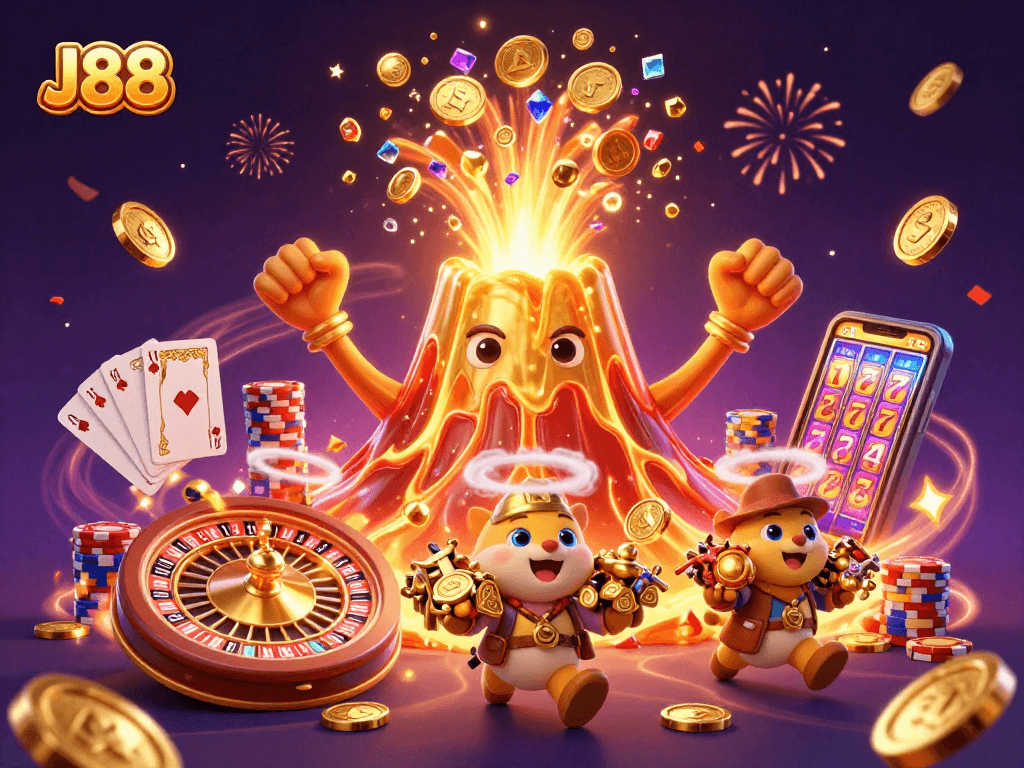 Experience the thrill of winning at J88 with a vibrant casino scene bursting with excitement and treasures.