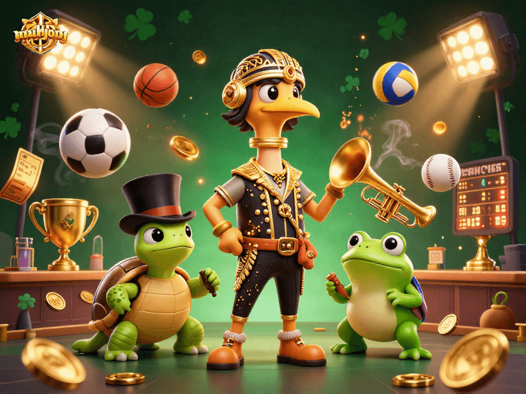 Experience mahjong excitement with lively characters and vibrant casino elements in a dynamic scene.