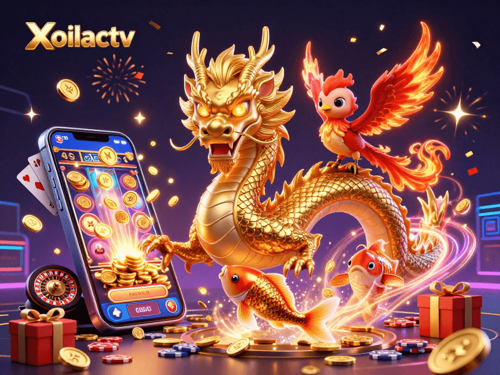 Xoilactv showcases a vibrant casino scene with a golden dragon, phoenix, and koi fish surrounded by gaming elements.