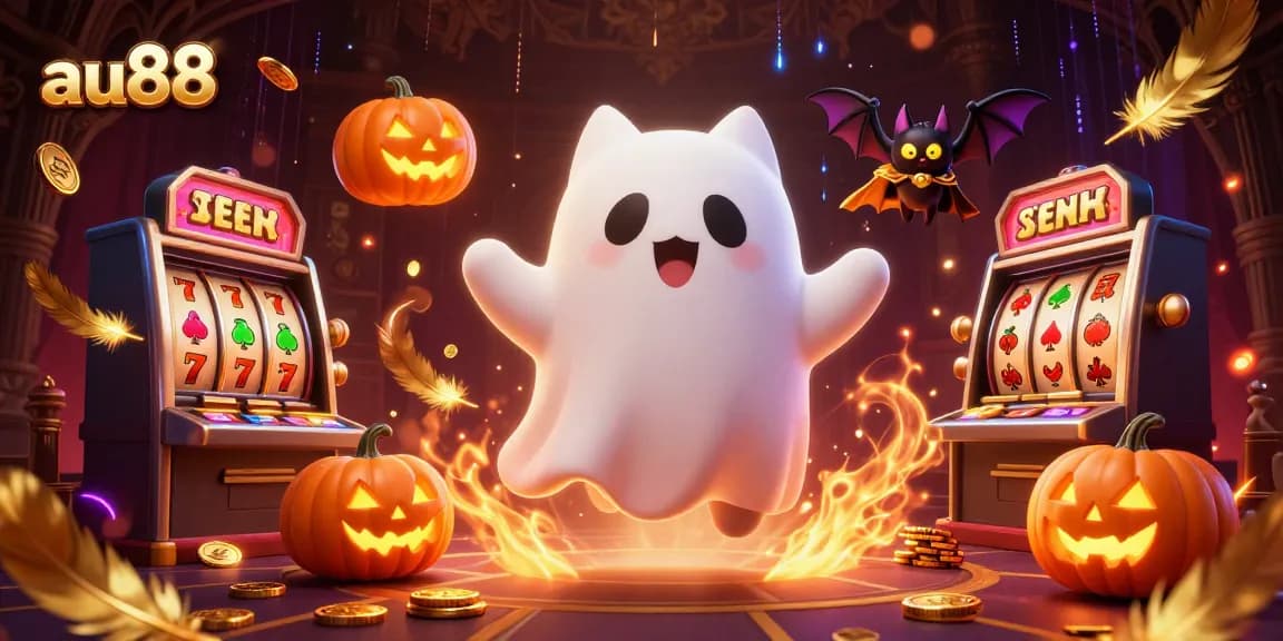 Experience the thrills of au88 with a ghost cat and bat in a lively casino setting.