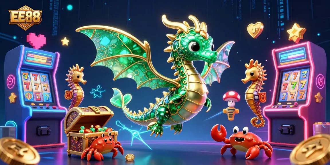 Engage with EE88's vibrant 3D illustration featuring dragons and gaming excitement.