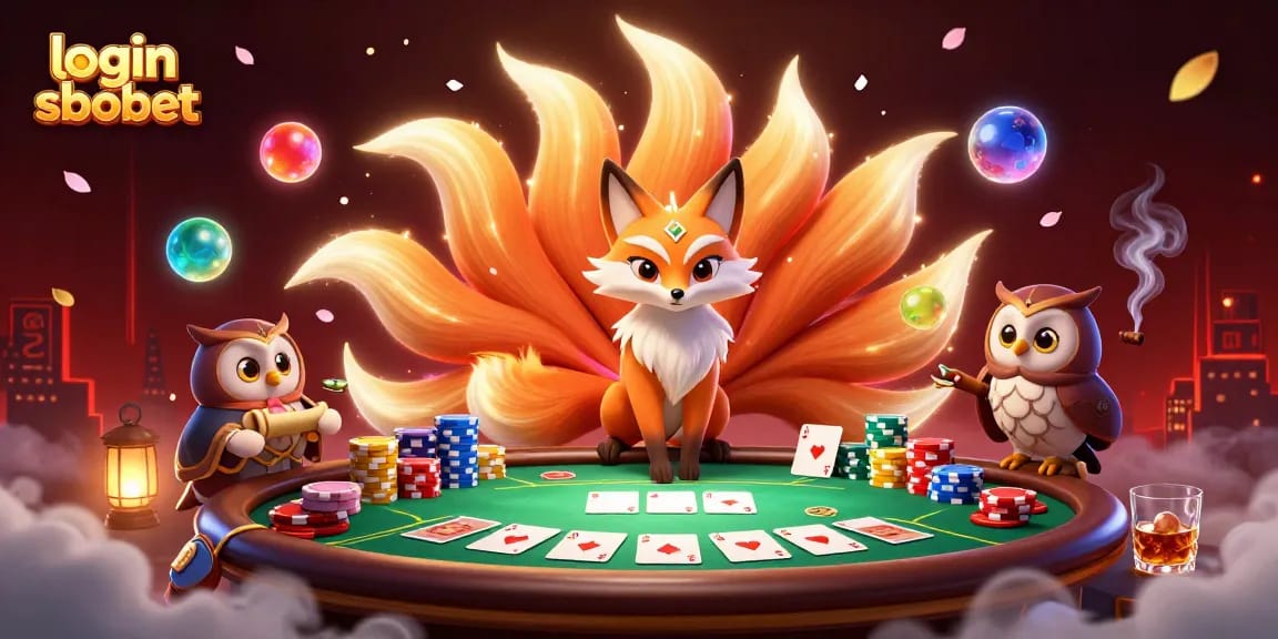 Engage in exciting gameplay with login sbobet at the vivid poker table surrounded by colorful magical elements.