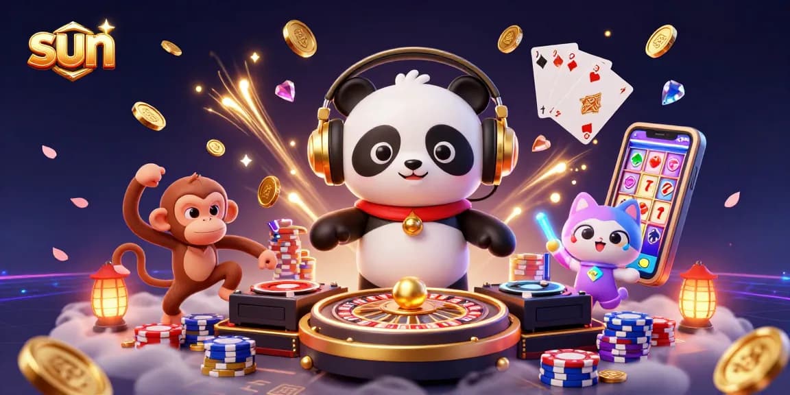 Sun's vibrant gaming diversity shines with animated casino characters amidst sparkling coins.