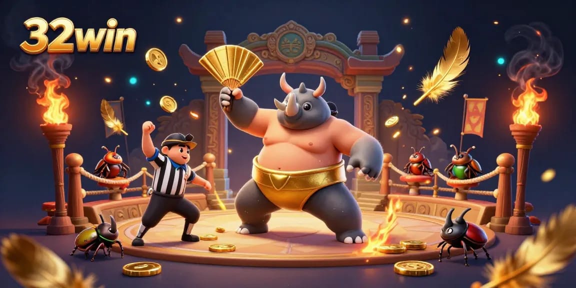 Experience the thrill of 32win with a vibrant sumo beetle champion amidst golden coins and dynamic game elements.