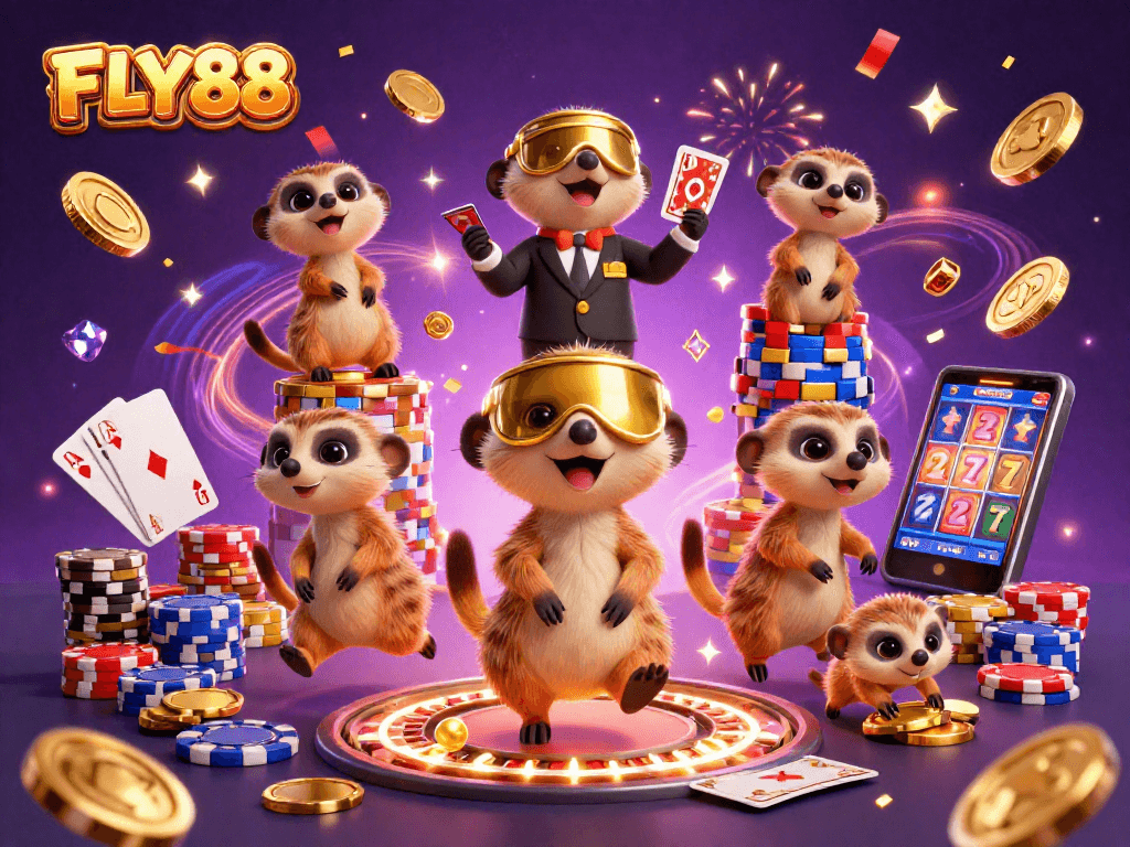 Join the excitement at FLY88's vibrant casino scene with meerkats in action and dazzling gambling elements.