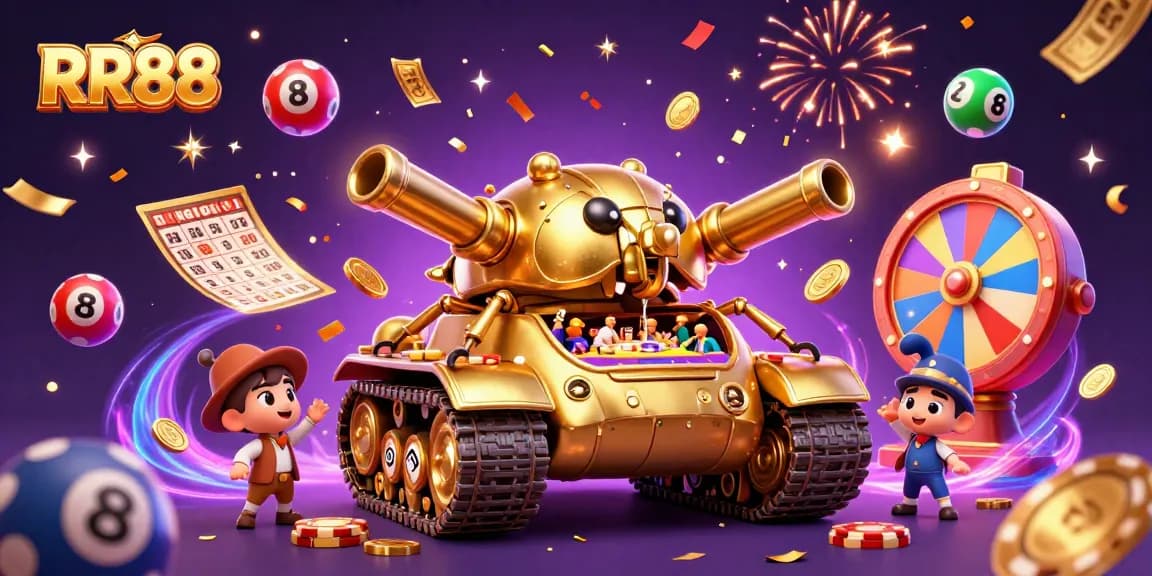 Experience the excitement of RR88 with a dynamic casino-themed golden beetle tank illustration filled with vibrant games and lottery elements.