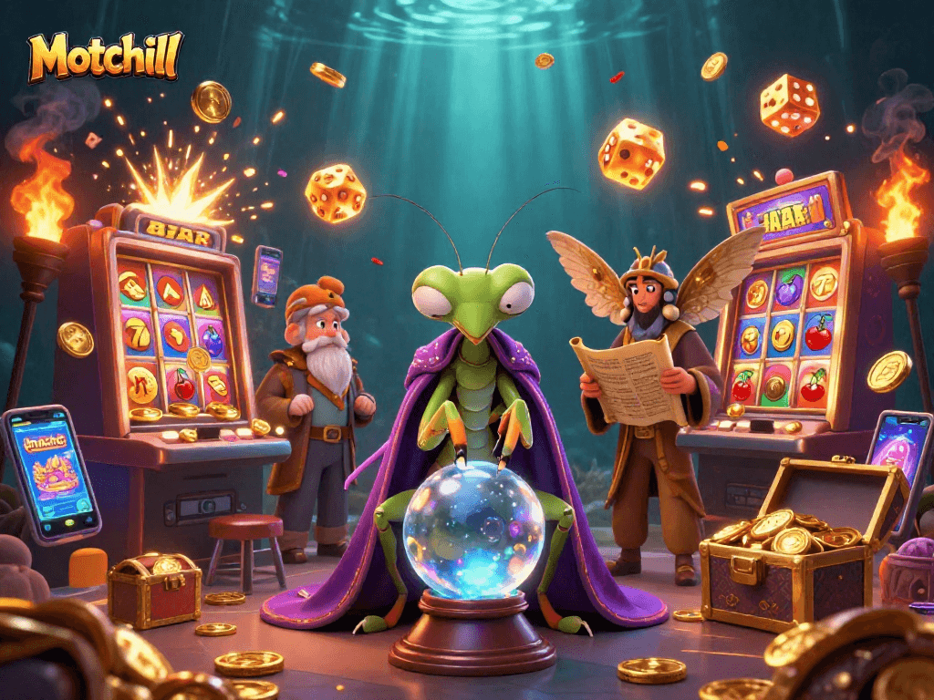 Experience the thrill of Motchill with colorful slot machines and dynamic characters in a vibrant casino scene.