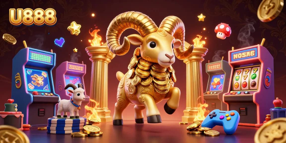 Experience U888's thrilling action with a golden ram charging at a jackpot-filled scene.