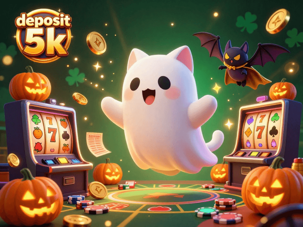 Engage with the thrilling world of deposit 5k in a lively casino scene showcasing ghostly characters and sparkling jackpots.