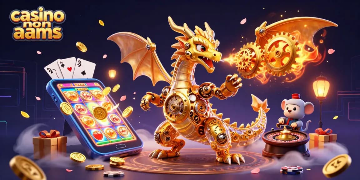 Giocando ai casino non AAMS, esplora un drago dorato e smartphone con slot game.
