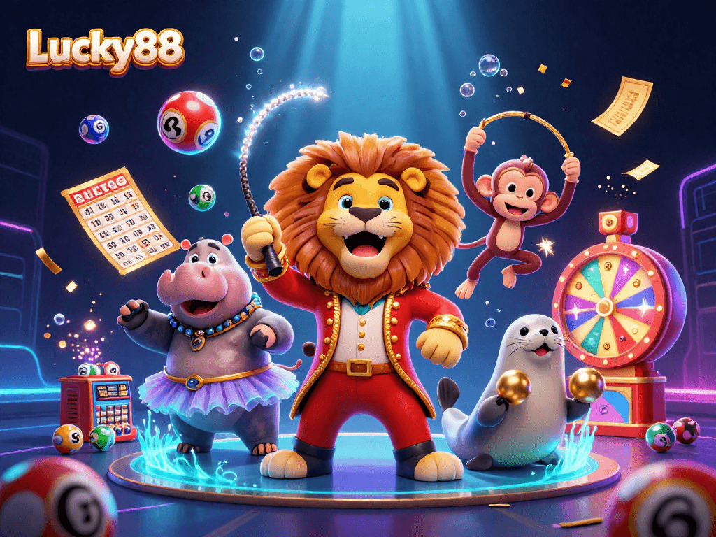 Play at Lucky88 with a vibrant circus theme featuring colorful lottery elements and joyful characters.