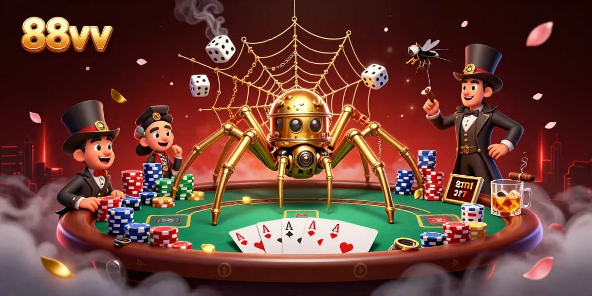 Catch the excitement of 88vv with a steampunk spider and poker elements in a rich casino scene.