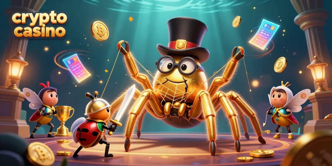 Gioca nel crypto casino con una tarantola dorata e un cavaliere scarabeo tra elementi di gioco e monete bitcoin.