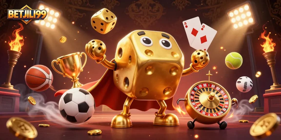 Experience thrilling excitement with BETJILI99 at an online casino with golden dice and dynamic sports elements.