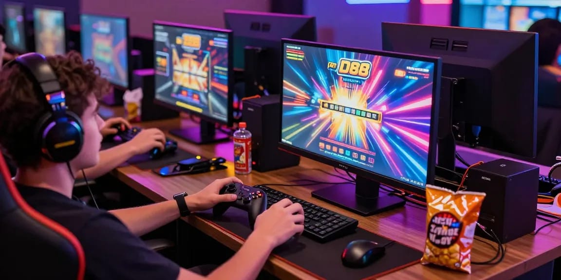 Player immersed in an interactive slot88 game with vibrant graphics and gaming setup.