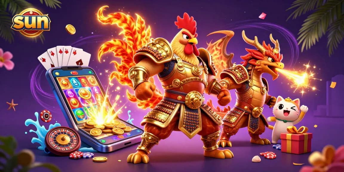 Experience the excitement of sun-themed gaming with a majestic rooster and dragon in a vibrant casino scene.