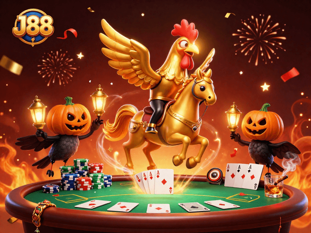 Experience thrilling gaming at J88 with the golden rooster and its spectral companions!