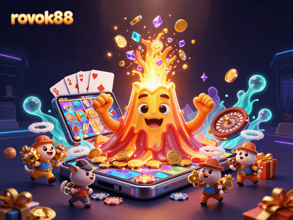 Experience the thrill of rokok88 with an eruption of coins and treasure, surrounded by gaming excitement.