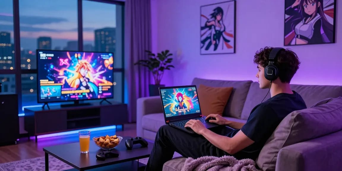 Exciting gaming scene featuring hentaigames on a vibrant laptop in a cozy living room.