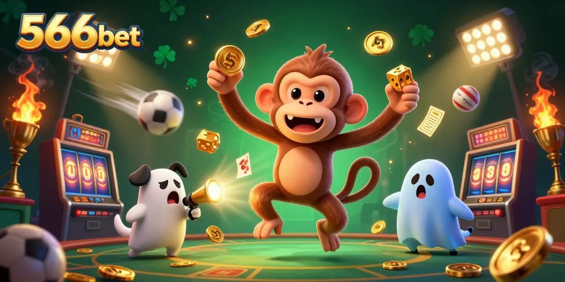 Engage in exciting gameplay with 566bet as a mischievous poltergeist monkey juggles golden casino elements.